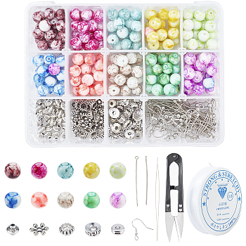 SUNNYCLUE DIY Earring & Bracelets Making Kits, Including Spray Painted Glass Beads, Brass Earring Hooks, Brass & Alloy Spacer Beads, Elastic Crystal Thread, Steel Scissors and Iron Beading Needles, Mixed Color, Glass Beads: 8mm, Hole: 1.3mm, 200pcs/set