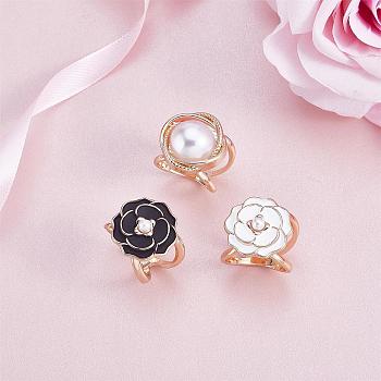 3Pcs 3 Style Natural Pearl Scarf Clip Buckles Rings, Enamel Camellia Clothing Wrap Clasp Holder, Alloy Cloth Accessories for Women, Mixed Color, 34.8mm, 30.8mm, 34mm, 1Pc/style