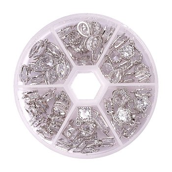 Cubic Zirconia Alloy Charms Sets, Platinum, 10~15x8~8.5x5~6mm, Hole: 1~1.5mm, about 10pcs/compartment.