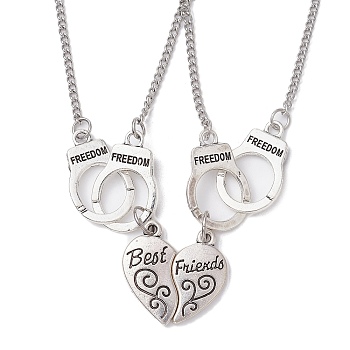 2Pcs 2 Style Heart & Handcuffs Alloy Pendant Necklaces Set, Matching Couple Necklacel with 304 Stainless Steel Chains for Friends, Antique Silver, 17.91 inch(45.5cm), 1Pc/style