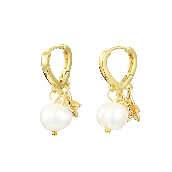 Starfish & Shell & Natural Pearl Drop Huggie Hoop Earrings, Brass Jewelry for Women, Golden, 26.5mm, Pin: 0.8mm