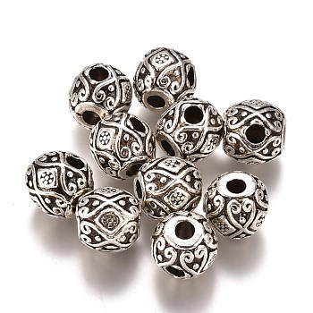 Tibetan Style Alloy Beads, Round, Antique Silver, 10x10mm, Hole: 3mm