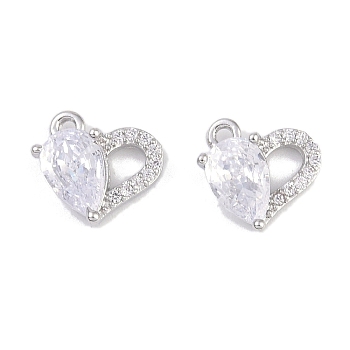 Brass Micro Pave Clear Cubic Zirconia Pendants, Heart Charms, Real Platinum Plated, 8x8.5x3mm, Hole: 0.8mm