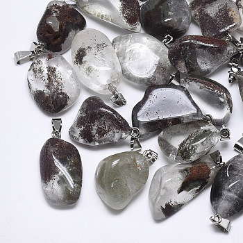 Natural Green Lodolite Quartz/Garden Quartz Pendants, with Stainless Steel Snap On Bails, Nuggets, Stainless Steel Color, 30~55x18~30x10~20mm, Hole: 3~4x7~8.5mm