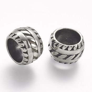 304 Stainless Steel Beads, Rondelle, Large Hole Beads, Antique Silver, 12.6x7.6mm, Hole: 8.4mm