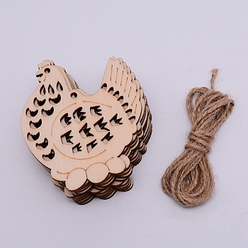 Cootonwood Pendants, with Hemp Ropes, Hen, for Easter, BurlyWood, 81x66x2.5mm, Hole: 3mm, Hemp Ropes: 2000x1mm