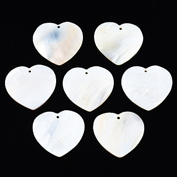 Freshwater Shell Pendants, Heart, Seashell Color, 36.5~37.5x39.5~40x2~4.5mm, Hole: 1.8mm