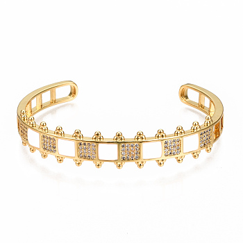 Brass Micro Pave Clear Cubic Zirconia Cuff Bangles, with Enamel, Nickel Free, Square, Real 16K Gold Plated, Creamy White, Inner Diameter: 2-3/8x2 inch(5.9x4.5cm)