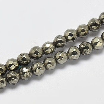Natural Pyrite Round Beads Strands, Faceted, Grade A, 2mm, Hole: 0.45mm, about 200pcs/strand, 16 inch