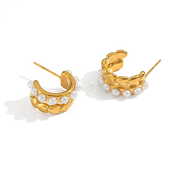 304 Stainless Steel Heart Stud Earrings, with Imitation Pearl, Real 18K Gold Plated, 16.4mm