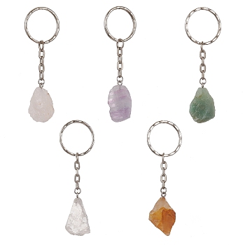 Nuggets Natural Gemstone Pendant Keychains, with Iron Split Key Rings, 7.7~8cm