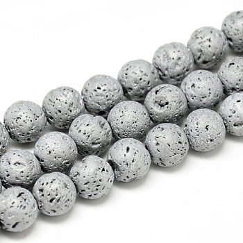 Electroplate Natural Lava Rock Beads Strands, Matte Style, Round, Platinum Plated, 8x8.5mm, Hole: 1mm, about 48pcs/strand, 15.3 inch