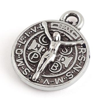 Tibetan Style Alloy Pendants, Flat Round with Saint Benedict, Cadmium Free & Lead Free, Antique Silver, 17x14x3mm, Hole: 2mm, about 540pcs/1000g