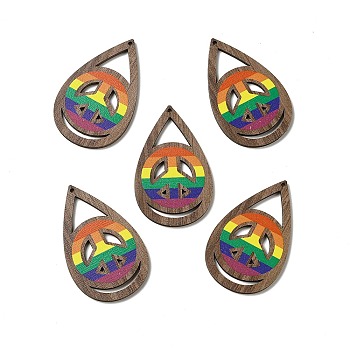 Rainbow/Pride Flag Theme Single Face Printed Aspen Wood Big Pendants, Teardrop Charm, Peace Sign, 54.5x34x2.5mm, Hole: 1.8mm