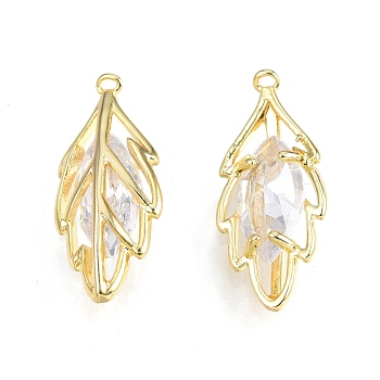 Brass Pave Clear Cubic Zirconia Pendants, Nickel Free, Leaf, Real 18K Gold Plated, 18x8x4mm, Hole: 0.7mm