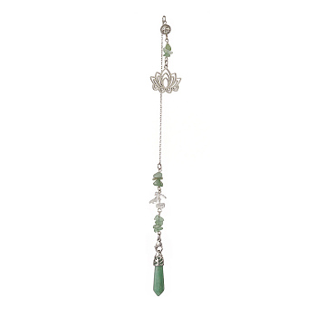 Natural Green Aventurine Pointed Dowsing Pendulums, with Stainless Steel Lotus, Bullet, 267mm