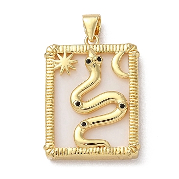Brass Pave Shell Pendants, Rectangle Charms with Black Cubic Zirconia, Golden, Snake, 24x18x4.5mm, Hole: 5x4mm