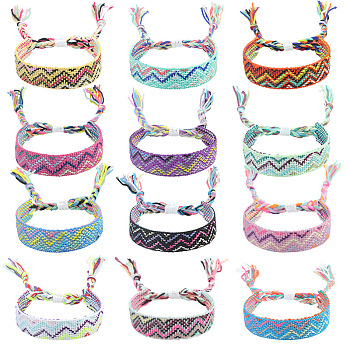 Cotton Braided Wave Pattern Cord Bracelet, Ethnic Tribal Adjustable Brazilian Bracelet for Women, Mixed Color, 5-1/2~10-5/8 inch(14~27cm)