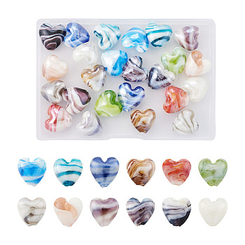 24Pcs 12 Colors Handmade Lampwork Beads, Pearlized, Heart, Mixed Color, 15.5~16x16~17x8.5~10mm, Hole: 1.4~1.8mm, 2pcs/color