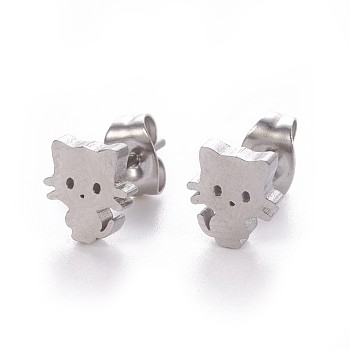 304 Stainless Steel Kitten Stud Earrings, Hypoallergenic Earrings, with Ear Nuts/Earring Back, Cat Silhouette, Stainless Steel Color, 8x7mm, Pin: 0.8mm, 12pairs/card