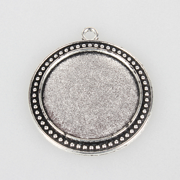 Tibetan Style Alloy Pendant Cabochon Settings, Cadmium Free & Lead Free, Flat Round, Antique Silver, Tray: 30mm, 44x39x2mm, Hole: 3mm