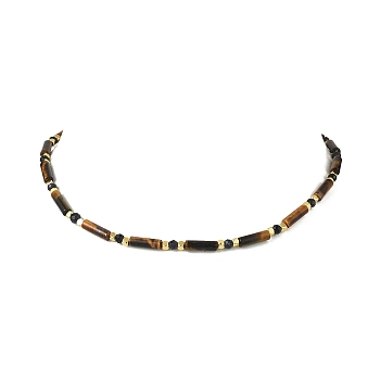 Column Natural Tiger Eye & Faceted Round Synthetic Blue Goldstone Beaded Necklaces, with 304 Stainless Steel End Chains, Golden, 15.87 inch(40.3cm)