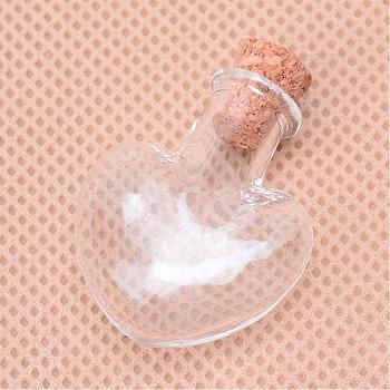 Glass Bottles, Beads Containers, with Cork Stopper, Wishing Bottle, Heart, Clear, 33x23x10mm, Hole: 5.5mm, Capacity: 4ml(0.13 fl. oz)