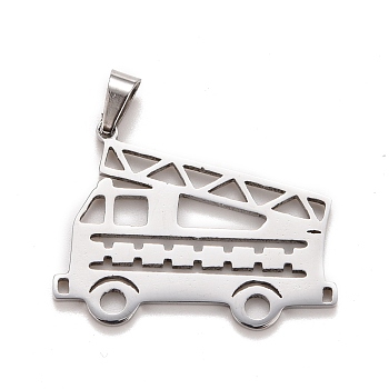 304 Stainless Steel Pendants with 201 Stainless Steel Clasp, Fire Fighting Truck, Stainless Steel Color, 21.5x28.5x1.5mm, Hole: 5x3mm