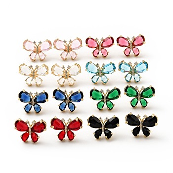 Cubic Zirconia Butterfly Stud Earrings, Real 18K Gold Plated Brass Jewelry for Women, Cadmium Free & Lead Free, Mixed Color, 17.5x23x6mm, Pin: 0.8mm