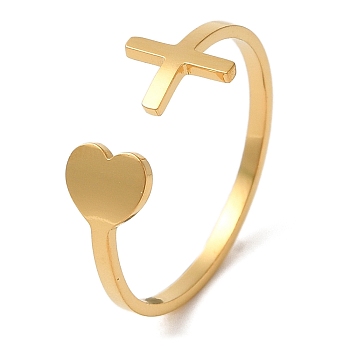 304 Stainless Steel Open Cuff Ring, Heart & Cross, Golden, US Size 8 1/2(18.5mm)