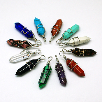 Natural Gemstone Double Terminated Pointed Pendants, with Brass Pendant Settings, Faceted, Bullet, Platinum Metal Color, 35~45x10~13mm, Hole: 3mm