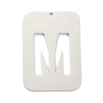 304 Stainless Steel Pendants, Rectangle with Alphabet, Hollow, Letter.M, 32x22x1mm, Hole: 1.5mm