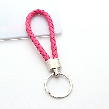 Handwoven Imitation Leather Keychain, with Metal Car Key Ring Chain Accessories Gift for Men and Women, Hot Pink, 122x30mm
