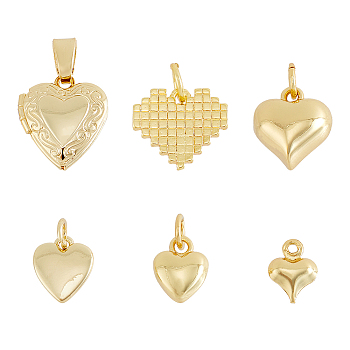 24Pcs 6 Style Brass Pendants, Long-Lasting Plated, Heart, Real 18K Gold Plated, 8.5~15x6.5~13x1~4.5mm, Hole: 1~5.5mm, 4pcs/style