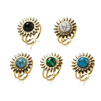 Sun 304 Stainless Steel Open Cuff Rings, Synthetic Malachite & Turquoise Finger Rings for Women Men, Real 18K Gold Plated, Adjustable