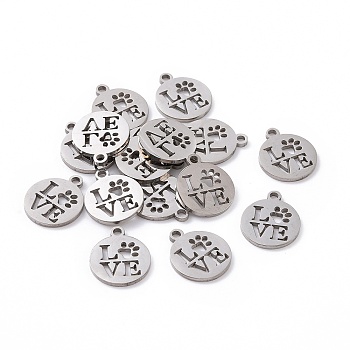 201 Stainless Steel Charms, Flat Round with Word Love, Stainless Steel Color, 14x12x1mm, Hole: 1.5mm