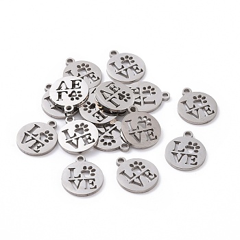 Non-Tarnish 201 Stainless Steel Charms, Flat Round with Word Love, Stainless Steel Color, 14x12x1mm, Hole: 1.5mm