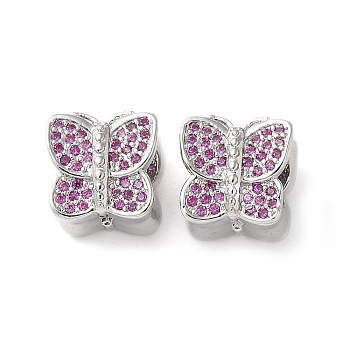 Butterfly Brass Micro Pave Cubic Zirconia European Beads, Platinum, Cadmium Free & Lead Free, Long-Lasting Plated, Rack Plating, Fuchsia, 10x10x9.5mm, Hole: 4mm