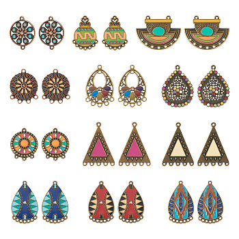 24Pcs 12 Styles Alloy Enamel Chandelier Component Links, with Rhinestone, for DIY Bohemian Style Earring Making, Triangle/Teardroip/Flat Round, Mixed Color, 24~36x19~35x1.5~3mm, Hole: 1.2~2mm, 2pcs/style