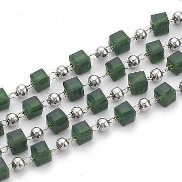 Handmade Glass Beaded Chains, Soldered, with Spool, 304 Stainless Steel Findings and Iron Beads, Cube, Stainless Steel Color, Dark Green, 3mm, about 32.8 Feet(10m)/roll(CHS-S002-02)
