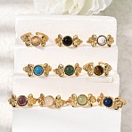 304 Stainless Steel Cuff Open Rings for Women, with Natural & Synthetic Gemstone, Half Round with Flower, Ion Plating(IP), 9.5mm, US Size 7 1/4(17.5mm)(GG-CBAE295-01G)