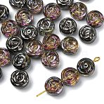 30Pcs Electroplate Glass Beads, Half Plated, Flat Round with Rose Flower, Black Plated, 10x4mm, Hole: 0.9mm(EGLA-YW0005-57C-01)