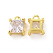 Brass Pendants with Clear Glass, Square Charms, Real 18K Gold Plated, 9.5x8x4.5mm, Hole: 1.5mm(KK-E068-VF218)