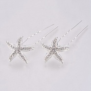 Wedding Bridal Alloy Hair Forks, with Rhinestone, Starfish/Sea Stars, Crystal, 73~74mm, Pin: 1.3mm, Starfish/Sea Stars: 27~28x4mm(X-OHAR-WH0007-01B)