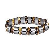 8mm Round Naturla Tiger Eye & Half Round Synthetic Non-magnetic Hematite Beaded Stretch Bracelets for Women Men(UP4024-1)