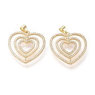 Brass Micro Pave Cubic Zirconia Pendants, Long-Lasting Plated, Heart, Clear, Real 18K Gold Plated, 26x25x2mm, Hole: 3.5x4.5mm(ZIRC-F118-02G)