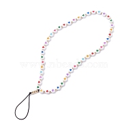 Opaque Acrylic Beads Mobile Straps, with Braided Nylon Thread and Brass Beads, Flat Round with Colorful Heart Pattern, Black, 25.5cm(HJEW-JM00590-01)