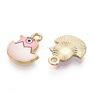 Printed Light Gold Tone Alloy Pendants, Chick in Egg Charms, Pink, 15.5x12.5x2mm, Hole: 1.6mm(ENAM-N056-204F)