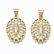 Brass Micro Pave clear Cubic Zirconia Pendants, Nickel free, Oval, Real 16K Gold Plated, 22x15x3mm, Hole: 3x5mm(ZIRC-N039-169-NF)