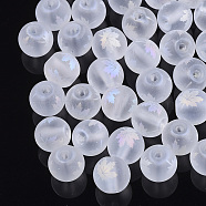Autumn Theme Electroplate Transparent Glass Beads, Frosted, Round with Maple Leaf Pattern, Clear AB, 8~8.5mm, Hole: 1.5mm(X-EGLA-S178-01I)